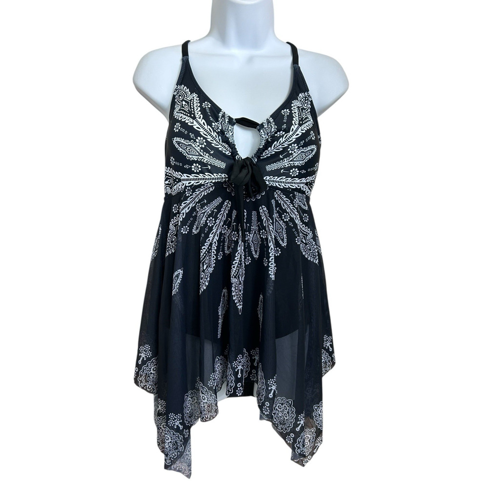 Black Handkerchief One Piece Swimsuit Size XL Slimming Removeable Pads Swimwear - Picture 3 of 7